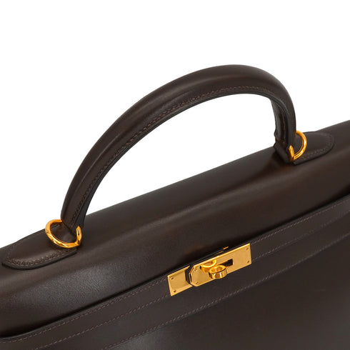 HERMES KELLY 35 SELLIER EBENE BOX CALF HAND SHOULDER BAG 2001 SQUARE E GOLD HARDWARE 90338878