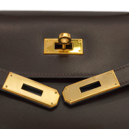 HERMES KELLY 35 SELLIER EBENE BOX CALF HAND SHOULDER BAG 2001 SQUARE E GOLD HARDWARE 90338878