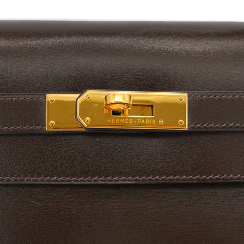 HERMES KELLY 35 SELLIER EBENE BOX CALF HAND SHOULDER BAG 2001 SQUARE E GOLD HARDWARE 90338878