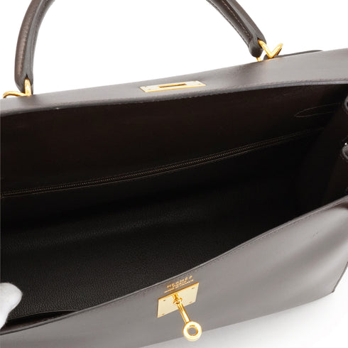 HERMES KELLY 35 SELLIER EBENE BOX CALF HAND SHOULDER BAG 2001 SQUARE E GOLD HARDWARE 90338878