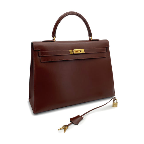 HERMES KELLY 35 SELLIER MARRON FONCE BOXCALF HAND BAG 1998 SQUARE B GOLD HARDWARE 90320997