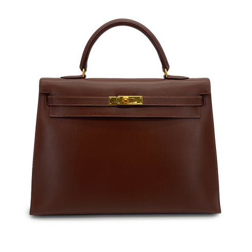 HERMES KELLY 35 SELLIER MARRON FONCE BOXCALF HAND BAG 1998 SQUARE B GOLD HARDWARE 90320997