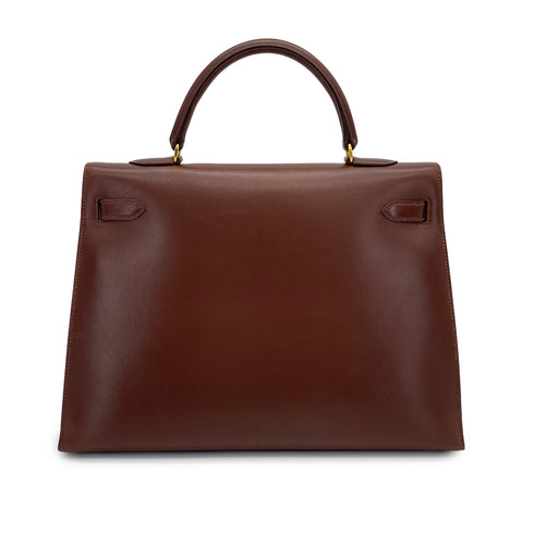 HERMES KELLY 35 SELLIER MARRON FONCE BOXCALF HAND BAG 1998 SQUARE B GOLD HARDWARE 90320997
