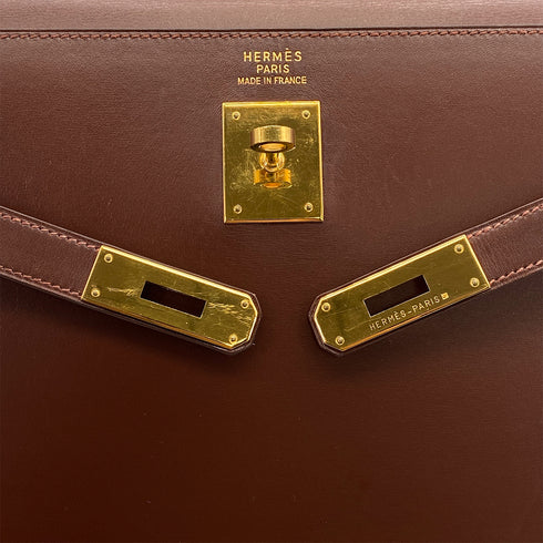 HERMES KELLY 35 SELLIER MARRON FONCE BOXCALF HAND BAG 1998 SQUARE B GOLD HARDWARE 90320997