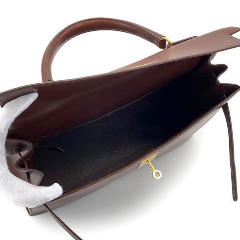 HERMES KELLY 35 SELLIER MARRON FONCE BOXCALF HAND BAG 1998 SQUARE B GOLD HARDWARE 90320997