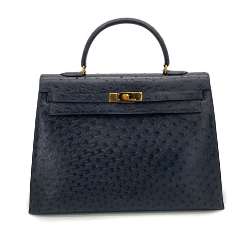 HERMES KELLY 35 SELLIER NAVY OSTRICH HAND BAG GOLD HARDWARE 90327984