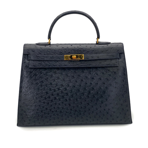 HERMES KELLY 35 SELLIER NAVY OSTRICH HAND BAG GOLD HARDWARE 90327984