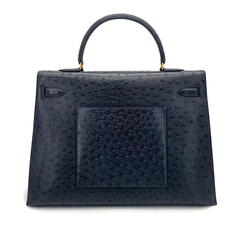 HERMES KELLY 35 SELLIER NAVY OSTRICH HAND BAG GOLD HARDWARE 90327984