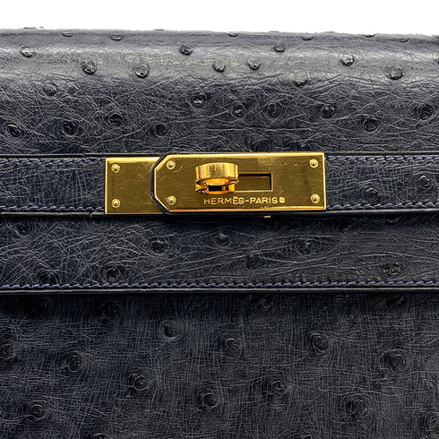 HERMES KELLY 35 SELLIER NAVY OSTRICH HAND BAG GOLD HARDWARE 90327984