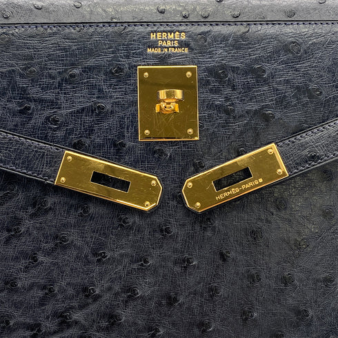 HERMES KELLY 35 SELLIER NAVY OSTRICH HAND BAG GOLD HARDWARE 90327984