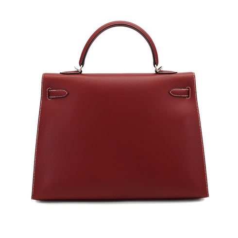 HERMES KELLY 35 SELLIER ROUGE H VEAU CHAMONIX HAND SHOULDER BAG 2001 SQUARE E PALLADIUM HARDWARE 90331400