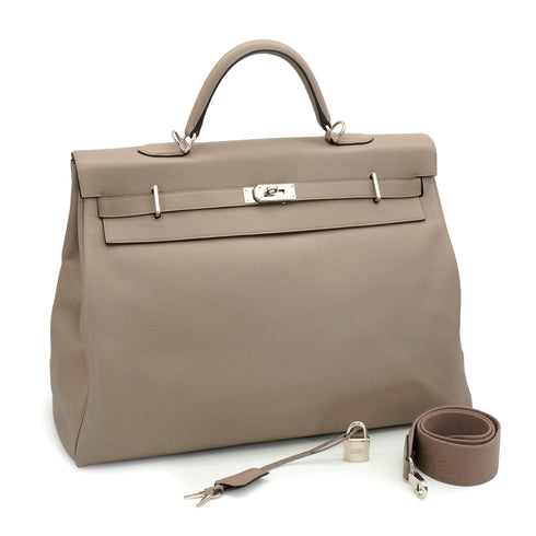 HERMES KELLY 50 RELAX VOYAGE RETOURNE GRIS ASPHALTE TAURILLON NOVILLO HAND SHOULDER BAG 2021 Z STAMP PALLADIUM HARDWARE 90335803