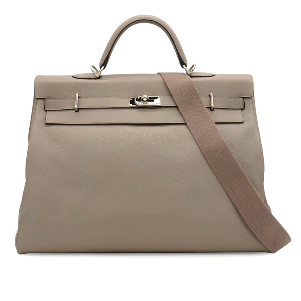 HERMES KELLY 50 RELAX VOYAGE RETOURNE GRIS ASPHALTE TAURILLON NOVILLO HAND SHOULDER BAG 2021 Z STAMP PALLADIUM HARDWARE 90335803