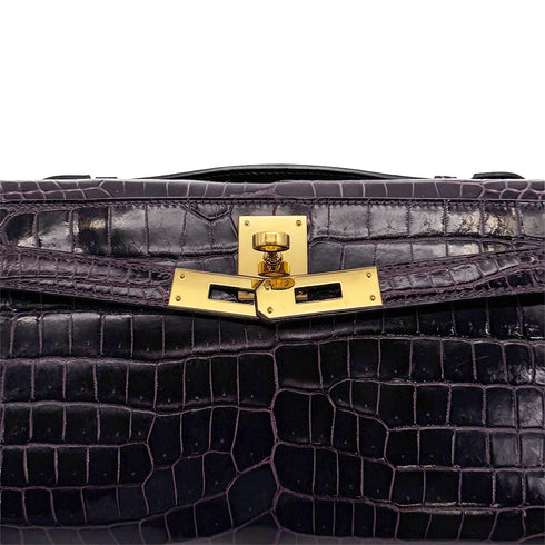 HERMES KELLY CUT AUBERGINE CROCODILE POROSUS HAND BAG 2019 D STAMP GOLD HARDWARE 90317182