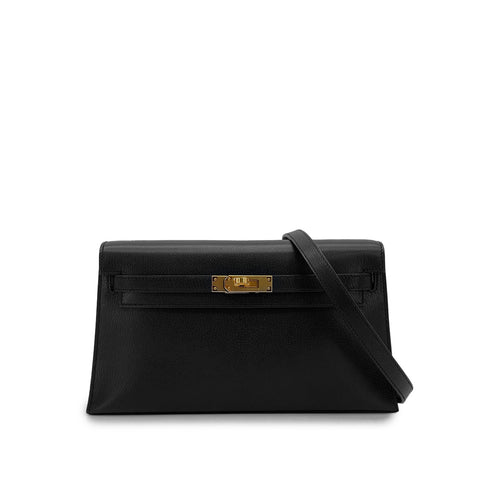 HERMES KELLY ELAN BLACK CHEVRE CHAMKILA CLUTCH SHOULDER BAG 2023 B GOLD HARDWARE 90317733