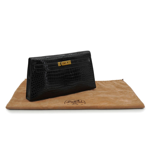 HERMES KELLY ELAN BLACK CROCODILE POROSUS CLUTCH BAG 2001 SQUARE E GOLD HARDWARE 90346642