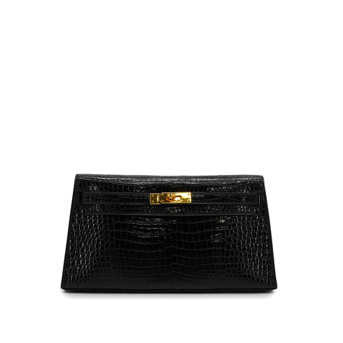 HERMES KELLY ELAN BLACK CROCODILE POROSUS CLUTCH BAG 2001 SQUARE E GOLD HARDWARE 90346642