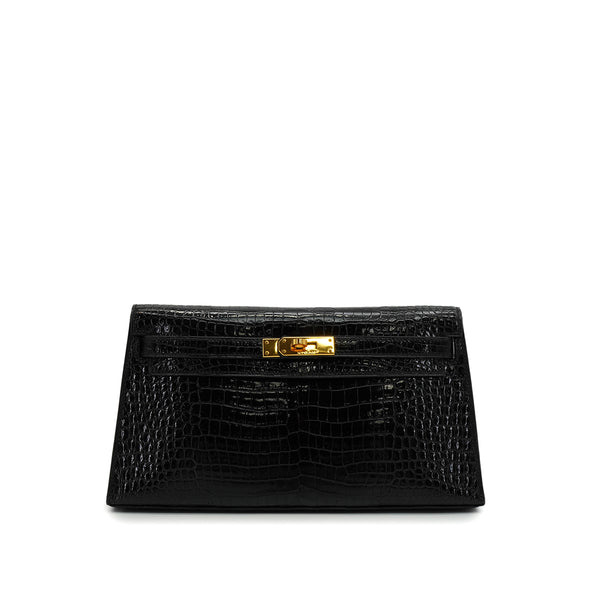HERMES KELLY ELAN BLACK CROCODILE POROSUS CLUTCH BAG 2001 SQUARE E GOLD HARDWARE 90346642
