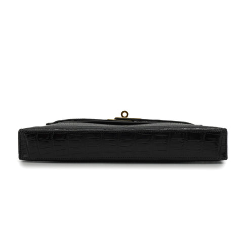 HERMES KELLY ELAN BLACK CROCODILE POROSUS CLUTCH BAG 2001 SQUARE E GOLD HARDWARE 90346642