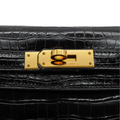 HERMES KELLY ELAN BLACK CROCODILE POROSUS CLUTCH BAG 2001 SQUARE E GOLD HARDWARE 90346642