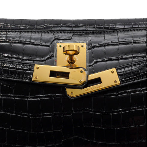 HERMES KELLY ELAN BLACK CROCODILE POROSUS CLUTCH BAG 2001 SQUARE E GOLD HARDWARE 90346642