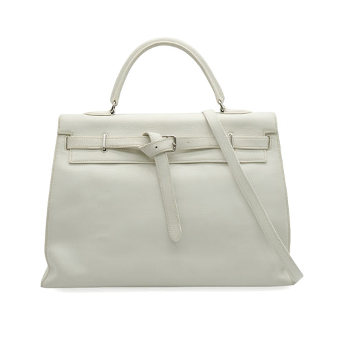 HERMES KELLY FLAT 35 WHITE VEAU SWIFT HAND SHOULDER BAG 2007 SQUARE K PALLADIUM HARDWARE 90346984