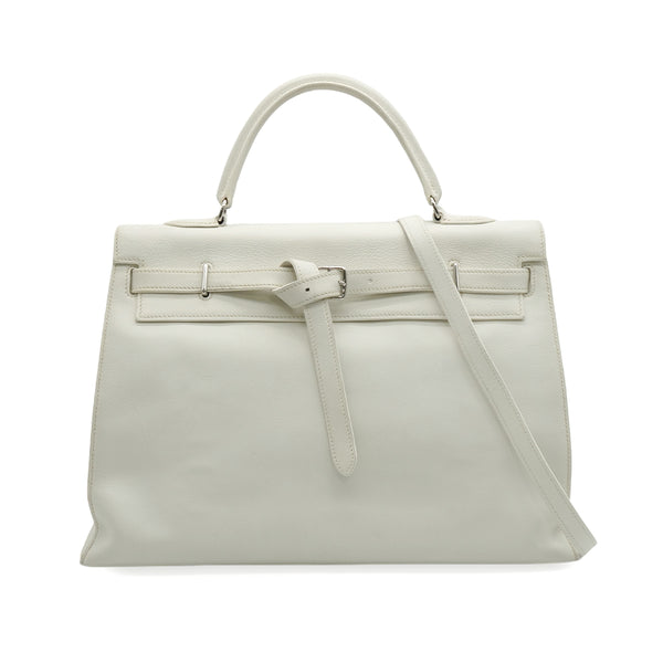 HERMES KELLY FLAT 35 WHITE VEAU SWIFT HAND SHOULDER BAG 2007 SQUARE K PALLADIUM HARDWARE 90346984