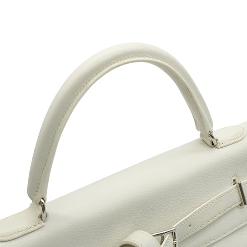 HERMES KELLY FLAT 35 WHITE VEAU SWIFT HAND SHOULDER BAG 2007 SQUARE K PALLADIUM HARDWARE 90346984