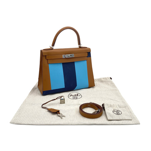 HERMES KELLY LETTRE 28 SELLIER GOLD CELESTE BLEU SAPHIR EPSOM CHEVRE TAURILLON CLEMENCE 2018 C STAMP 90322806