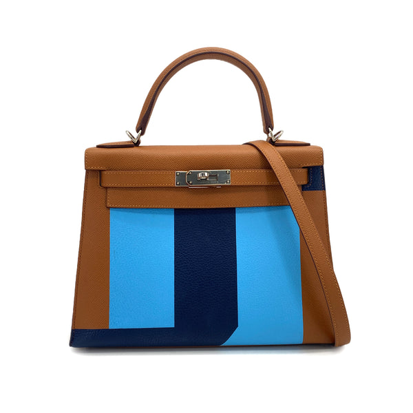 HERMES KELLY LETTRE 28 SELLIER GOLD CELESTE BLEU SAPHIR EPSOM CHEVRE TAURILLON CLEMENCE 2018 C STAMP 90322806