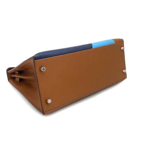 HERMES KELLY LETTRE 28 SELLIER GOLD CELESTE BLEU SAPHIR EPSOM CHEVRE TAURILLON CLEMENCE 2018 C STAMP 90322806