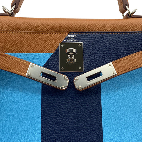 HERMES KELLY LETTRE 28 SELLIER GOLD CELESTE BLEU SAPHIR EPSOM CHEVRE TAURILLON CLEMENCE 2018 C STAMP 90322806