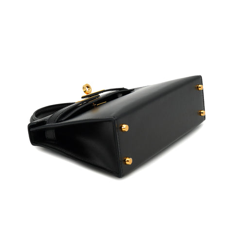 HERMES KELLY MINI 2 BLACK BOX CALF HAND SHOULDER BAG 2025 K STAMP GOLD HARDWARE 90335040