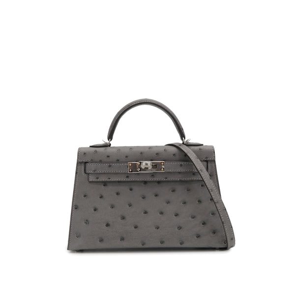 HERMES MINI KELLY 2 GRIS MEYER OSTRICH HAND SHOULDER BAG 2023 B STAMP PALLADIUM HARDWARE 90318729