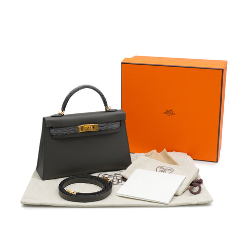 HERMES KELLY MINI 2 TOUCH SELLIER GRAPHITE ARDOISE VEAU MADAME LIZARD HAND SHOULDER BAG 2023 B STAMP GOLD HARDWARE 90345158