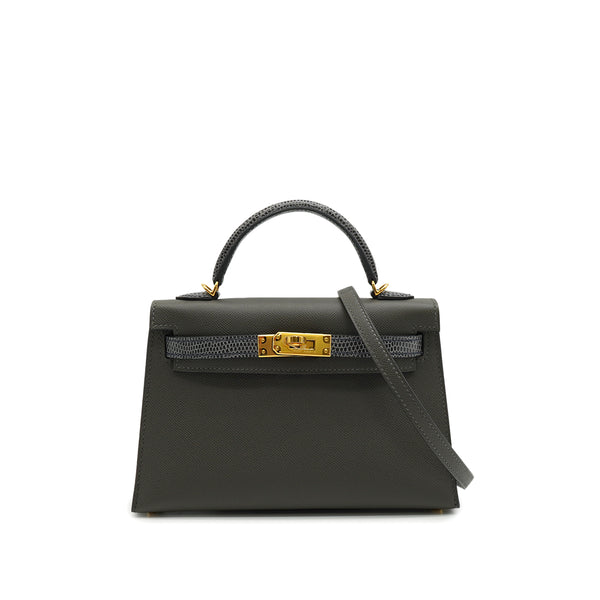 HERMES KELLY MINI 2 TOUCH SELLIER GRAPHITE ARDOISE VEAU MADAME LIZARD HAND SHOULDER BAG 2023 B STAMP GOLD HARDWARE 90345158