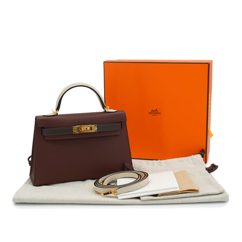 HERMES KELLY MINI 2 TRICOLOR SELLIER TERRE EBENE CRAIE VEAU EPSOM HAND SHOULDER BAG 2026 G STAMP GOLD HARDWARE 90335892