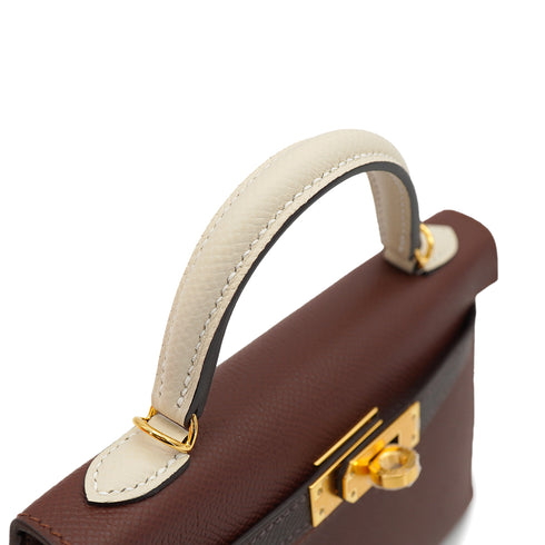 HERMES KELLY MINI 2 TRICOLOR SELLIER TERRE EBENE CRAIE VEAU EPSOM HAND SHOULDER BAG 2026 G STAMP GOLD HARDWARE 90335892