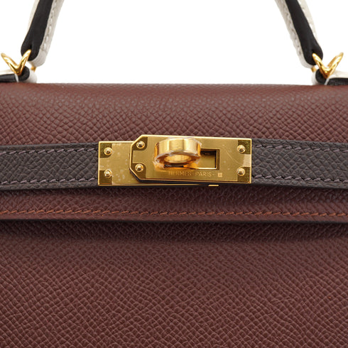 HERMES KELLY MINI 2 TRICOLOR SELLIER TERRE EBENE CRAIE VEAU EPSOM HAND SHOULDER BAG 2026 G STAMP GOLD HARDWARE 90335892