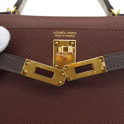 HERMES KELLY MINI 2 TRICOLOR SELLIER TERRE EBENE CRAIE VEAU EPSOM HAND SHOULDER BAG 2026 G STAMP GOLD HARDWARE 90335892