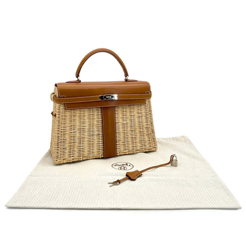 HERMES KELLY PICNIC 35 FAUVE VEAU BARENIA RATTAN HAND BAG 2011 SQUARE O PALLADIUM HARDWARE 90325643