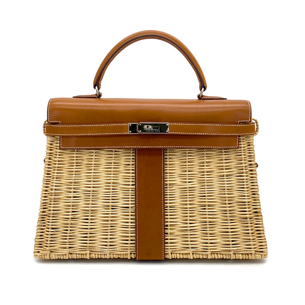 HERMES KELLY PICNIC 35 FAUVE VEAU BARENIA RATTAN HAND BAG 2011 SQUARE O PALLADIUM HARDWARE 90325643