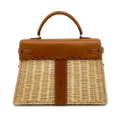 HERMES KELLY PICNIC 35 FAUVE VEAU BARENIA RATTAN HAND BAG 2011 SQUARE O PALLADIUM HARDWARE 90325643