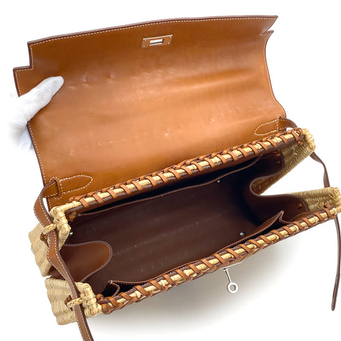 HERMES KELLY PICNIC 35 FAUVE VEAU BARENIA RATTAN HAND BAG 2011 SQUARE O PALLADIUM HARDWARE 90325643