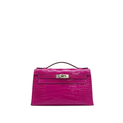 HERMES KELLY POCHETTE MINI SELLIER ROSE SHEHERAZADE CROCODILE ALLIGATOR HAND BAG 2018 C STAMP PALLADIUM HARDWARE 90351045