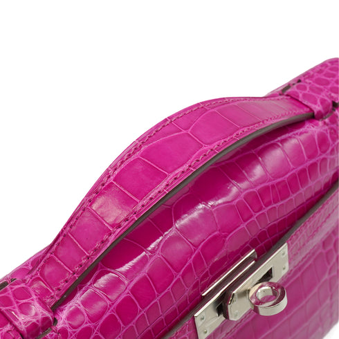 HERMES KELLY POCHETTE MINI SELLIER ROSE SHEHERAZADE CROCODILE ALLIGATOR HAND BAG 2018 C STAMP PALLADIUM HARDWARE 90351045