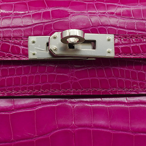 HERMES KELLY POCHETTE MINI SELLIER ROSE SHEHERAZADE CROCODILE ALLIGATOR HAND BAG 2018 C STAMP PALLADIUM HARDWARE 90351045