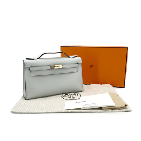 HERMES KELLY POCHETTE SELLIER GRIS PERLE VEAU SWIFT HAND BAG 2025 K STAMP PERMABRASS GOLD HARDWARE 90323970