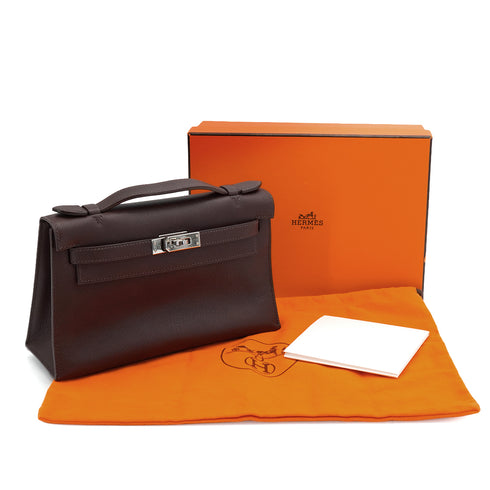 HERMES KELLY POCHETTE SELLIER HAVANE EVERGRAIN HAND BAG 2006 SQUARE J PALLADIUM HARDWARE 90339639