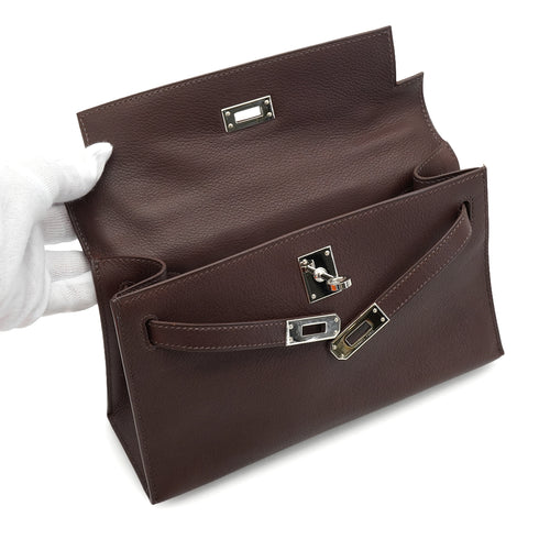 HERMES KELLY POCHETTE SELLIER HAVANE EVERGRAIN HAND BAG 2006 SQUARE J PALLADIUM HARDWARE 90339639